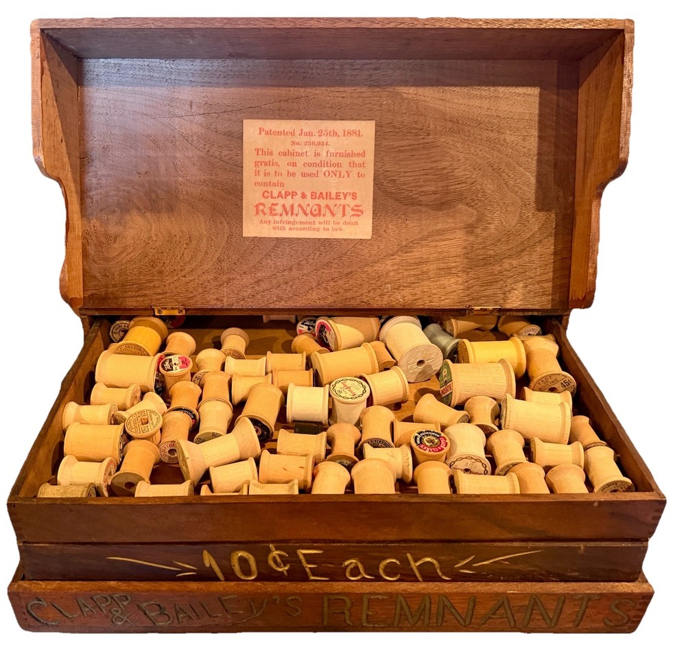 Antique 1881 Clapp & Bailey’s Remnants Sewing Store Display Box w/ Spools
