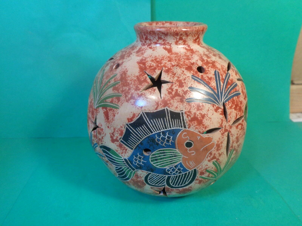 Pottery Tropical Pattern Tea Light/Candle Globe, Brazil (Used/EUC)