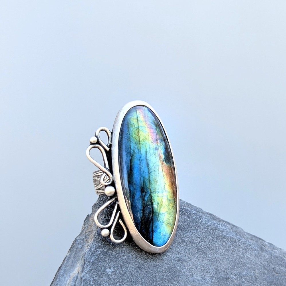 Handcrafted Sterling Silver and Rainbow Labradorite Adjustable Statement Ring