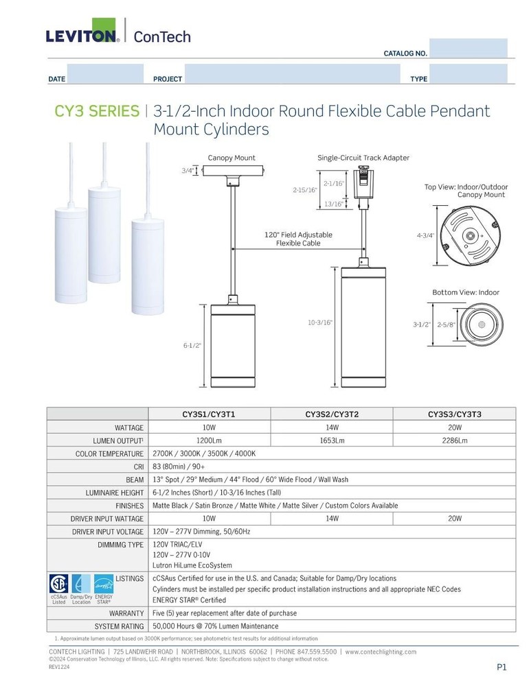 Contech CY3 Lighting 11" Cylinder Flexible 20' Cable Matte Black