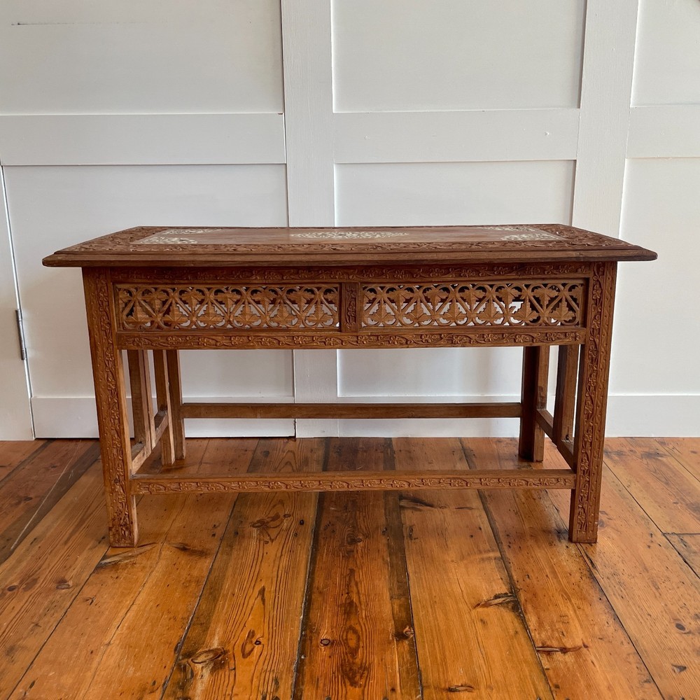 Indian Carved Folding Table Rectangular Coffee Table Inlaid Floral Pattern