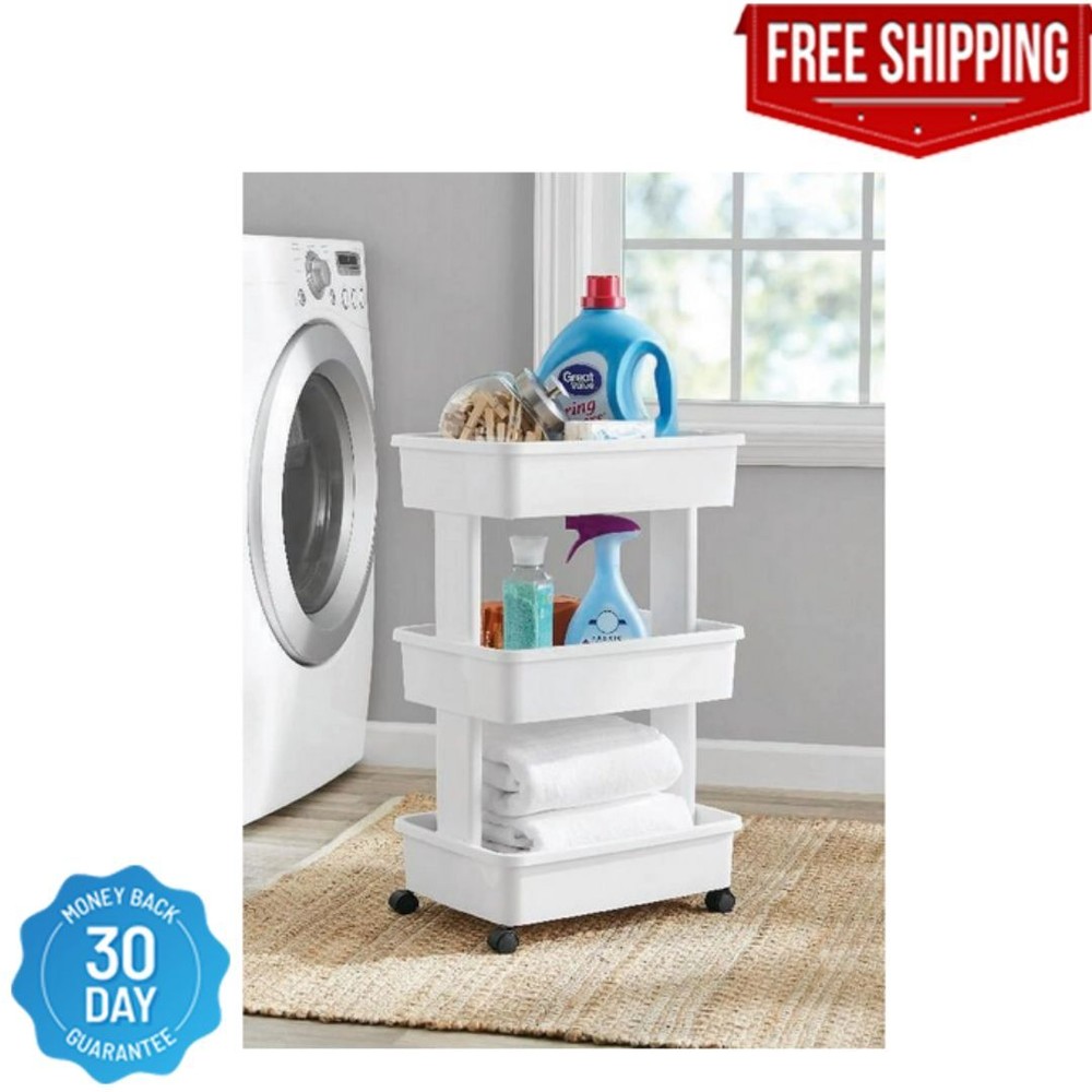 3-Tier Plastic Multi-Purpose Rolling Laundry Cart, Arctic White, Case Pack 1