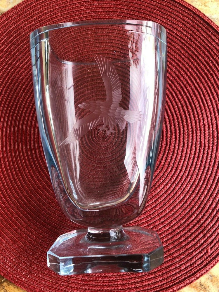 Orrefors Crystal Vase etched Eagle curved rectangle shape 8" X 4" X 2-3/4"  BH