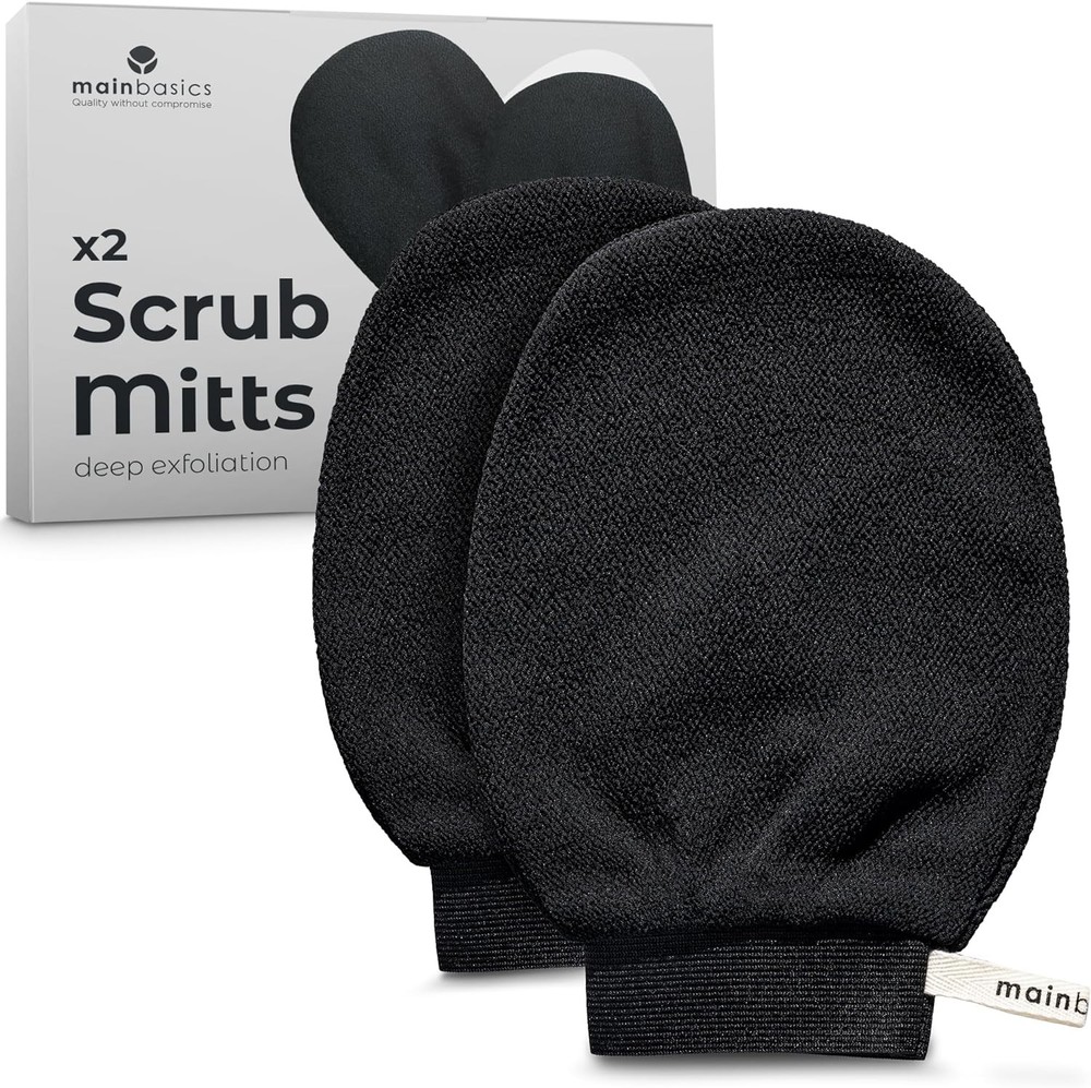 MainBasics Korean Exfoliating Mitts (2-Pack) – Deep Cleansing Body Black