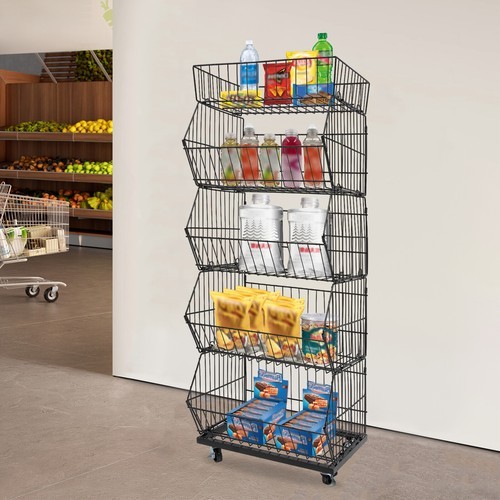 Retail Display Market Shelf 5 Layer Fruit Vegetable Snack Stand with Wheels