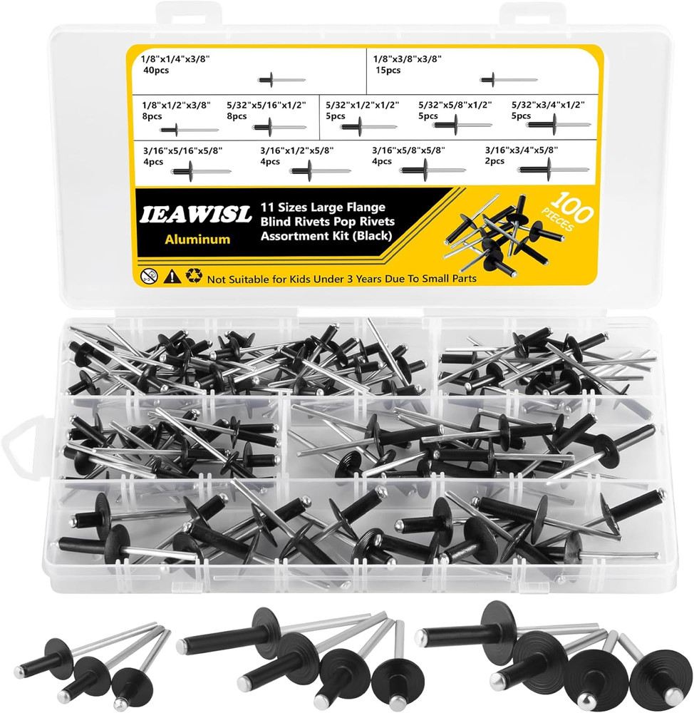 Pop Rivets, Large Flange Blind Rivets Aluminum Assortment Kit(100Pcs), 11 Sizes
