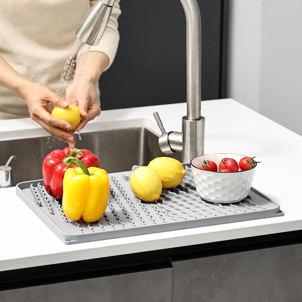 Silicone Dish Drying Mat for Kitchen Counter, 15.8" x 13", White