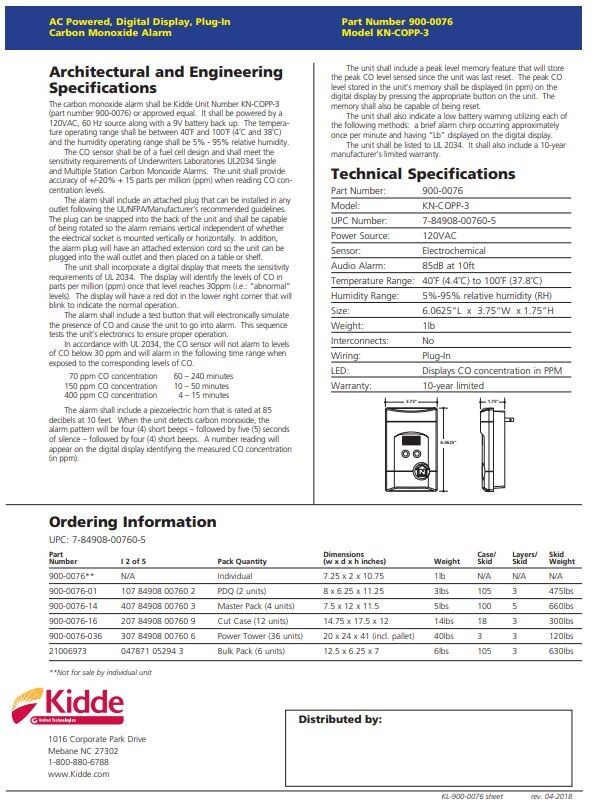 KIDDE KN-COPP-3 PLUG IN CARBON MONOXIDE ALARM