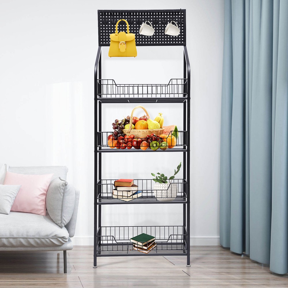 Kitchen Baker's Rack 4 Tier Rolling Metal Storage Shelf Black 55" Height+Wheels