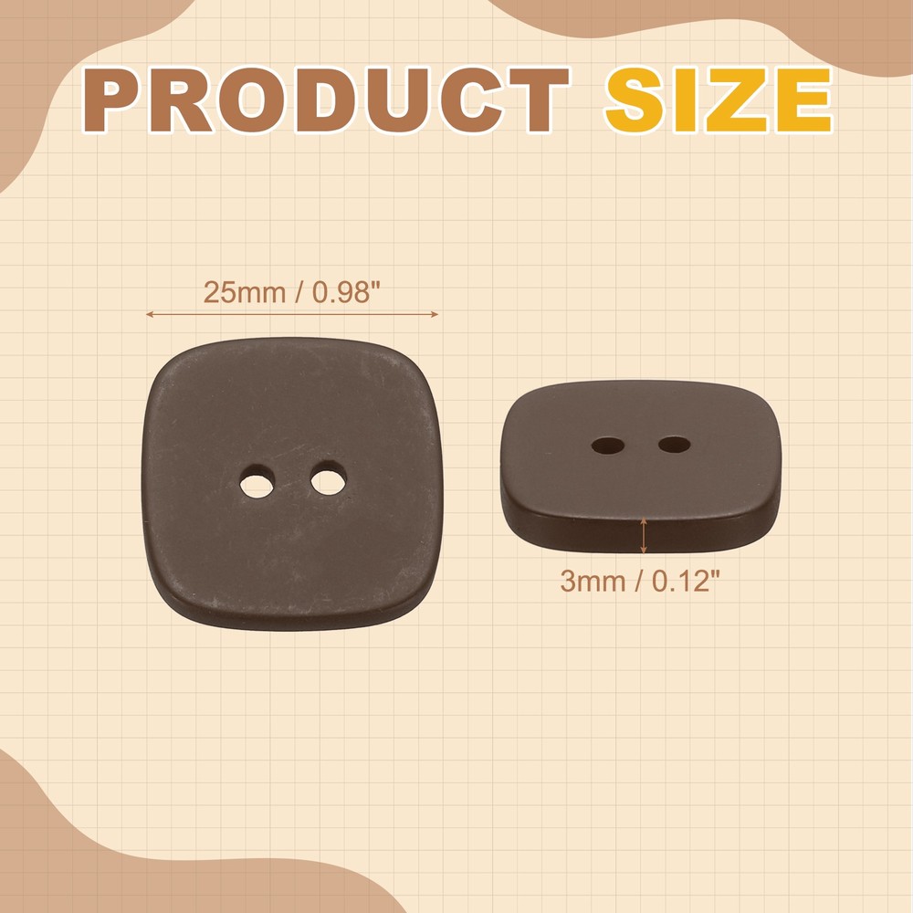 20pcs Sewing Button 25mm (1") 2 Holes Square Resin Button, Brown