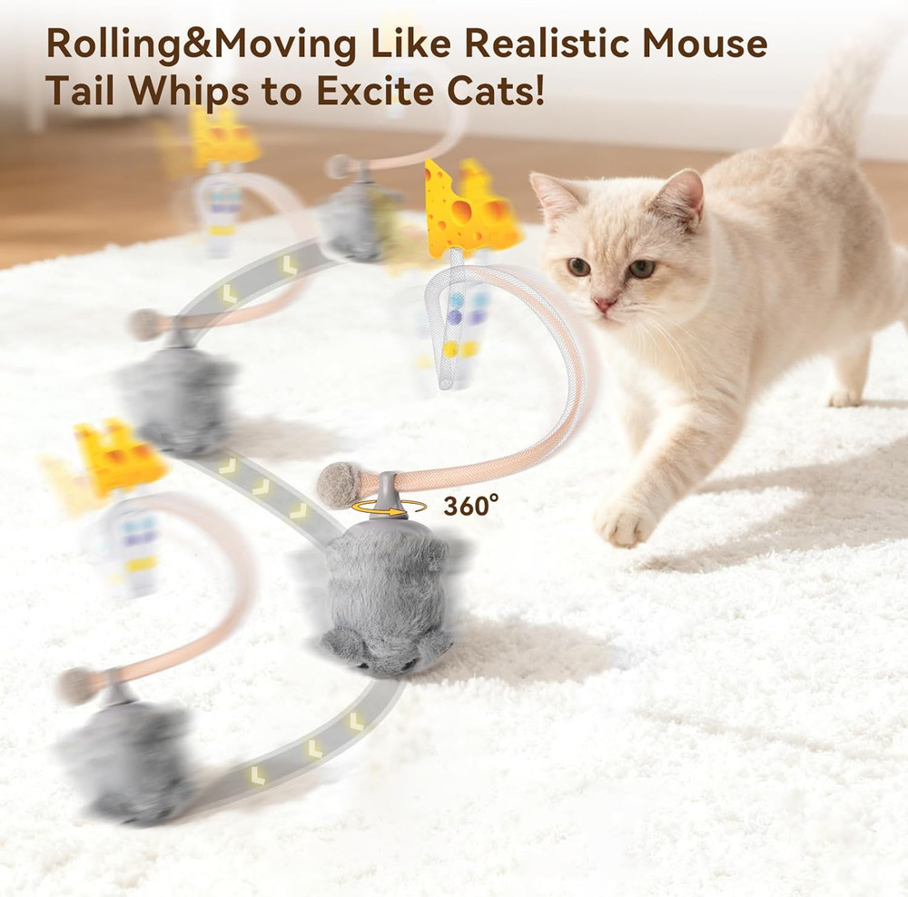 Interactive Migimouse Cat Toy 360° Rolling & Spin with Mesh Plastic Tail for Ind