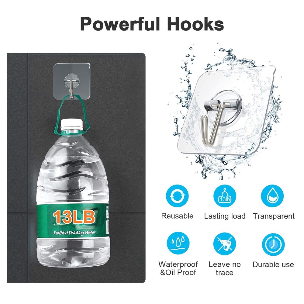 ZNBEN Adhesive Hooks Removable Wall 13 LB Ceiling Hook Medium, Clear