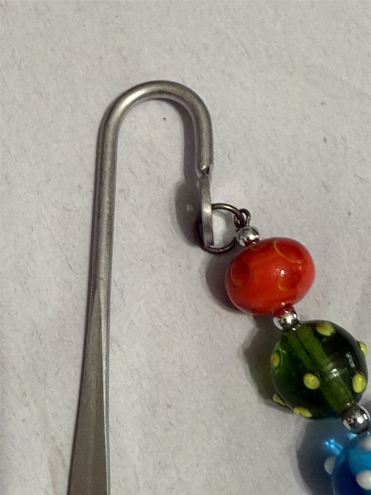 Metal Bookmark Beaded 3 Beads Silver Tone