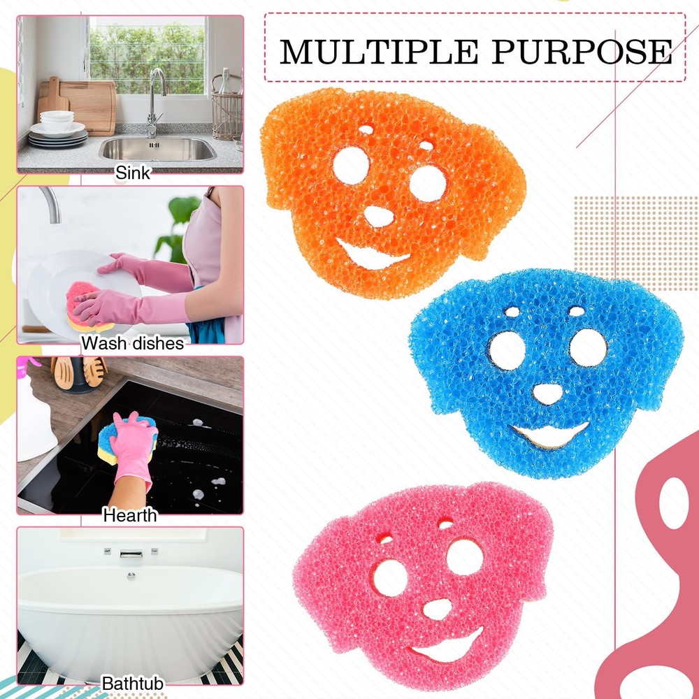3 Pcs Dual Sided Scrub Sponge Multi Functional Cute Temperature Sensitive