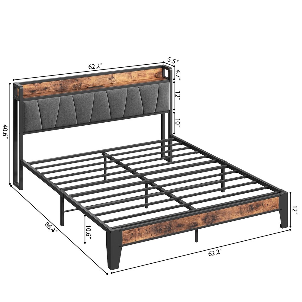LIKIMIO Queen Bed Frame, Storage Headboard with Charging Station, Solid and S...