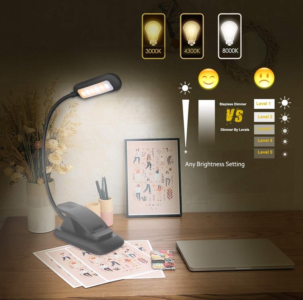 Book Light Rechargeable Clip On Reading Light Dimmable Brightness Reading Lights