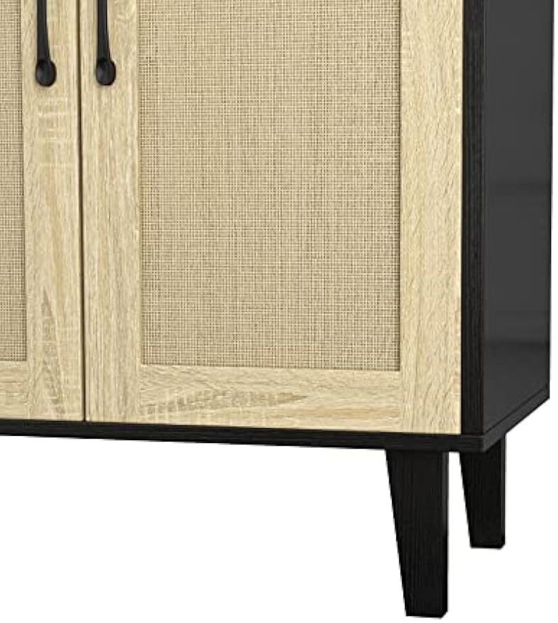 Buffet Cabinet Sideboard W/Rattan Decorated Doors Kitchen Storage Cupboard Black