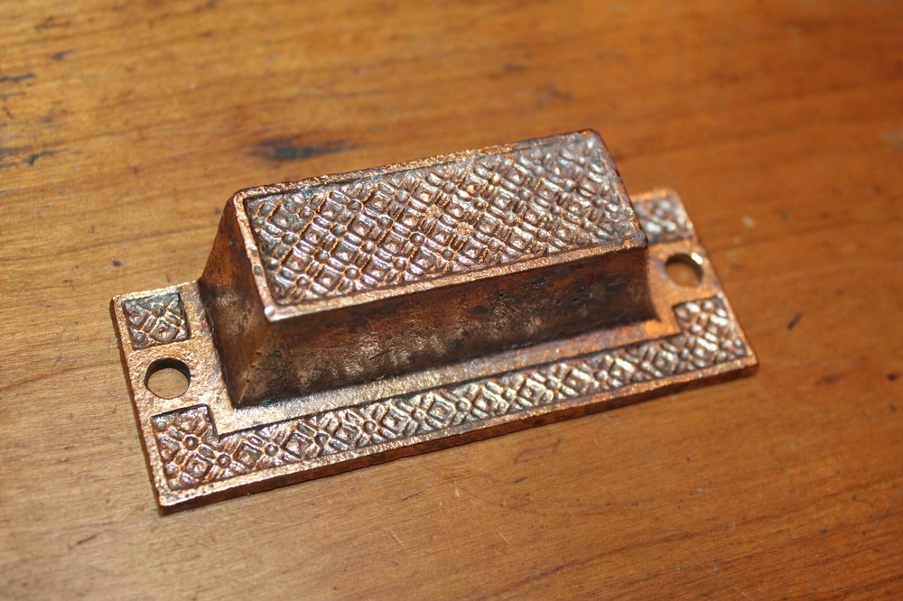 Antique Victorian Cast Iron Detailed Bin Apothecary Cupboard Drawer Pull L-32