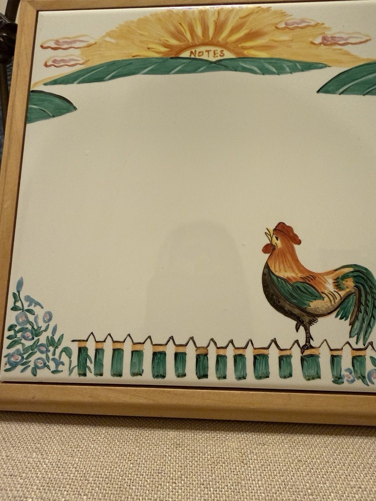 VTG Ceramic Tile Note Board Write-on Message Barnyard Rooster Cottagecore 9”x9”