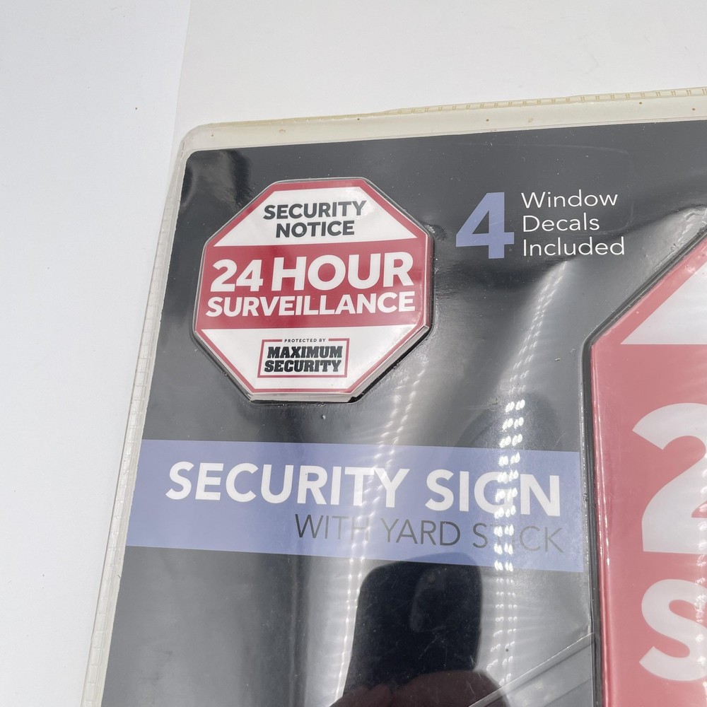 Security Yard Sign 24 Hour Surveillance Maximum Security w/ Stake & 4 Window Dec