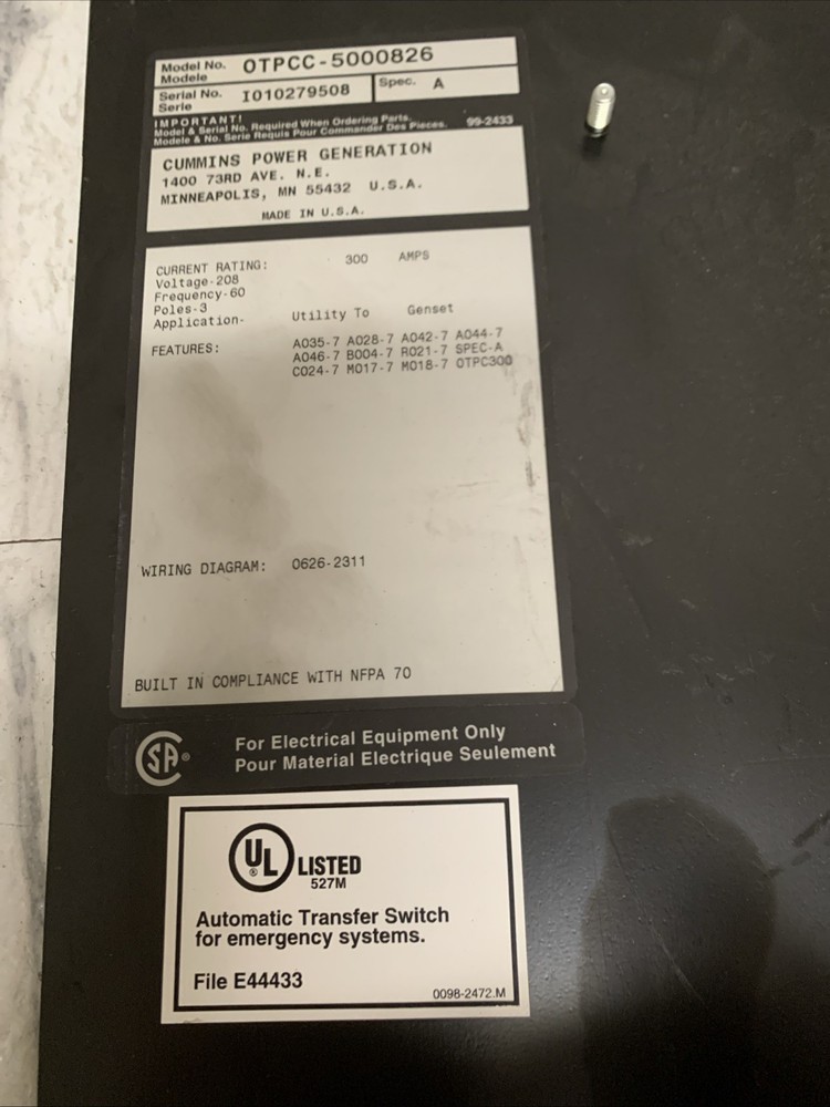 Cummins PowerCommand Automatic Transfer Switch OTPCC-5000826
