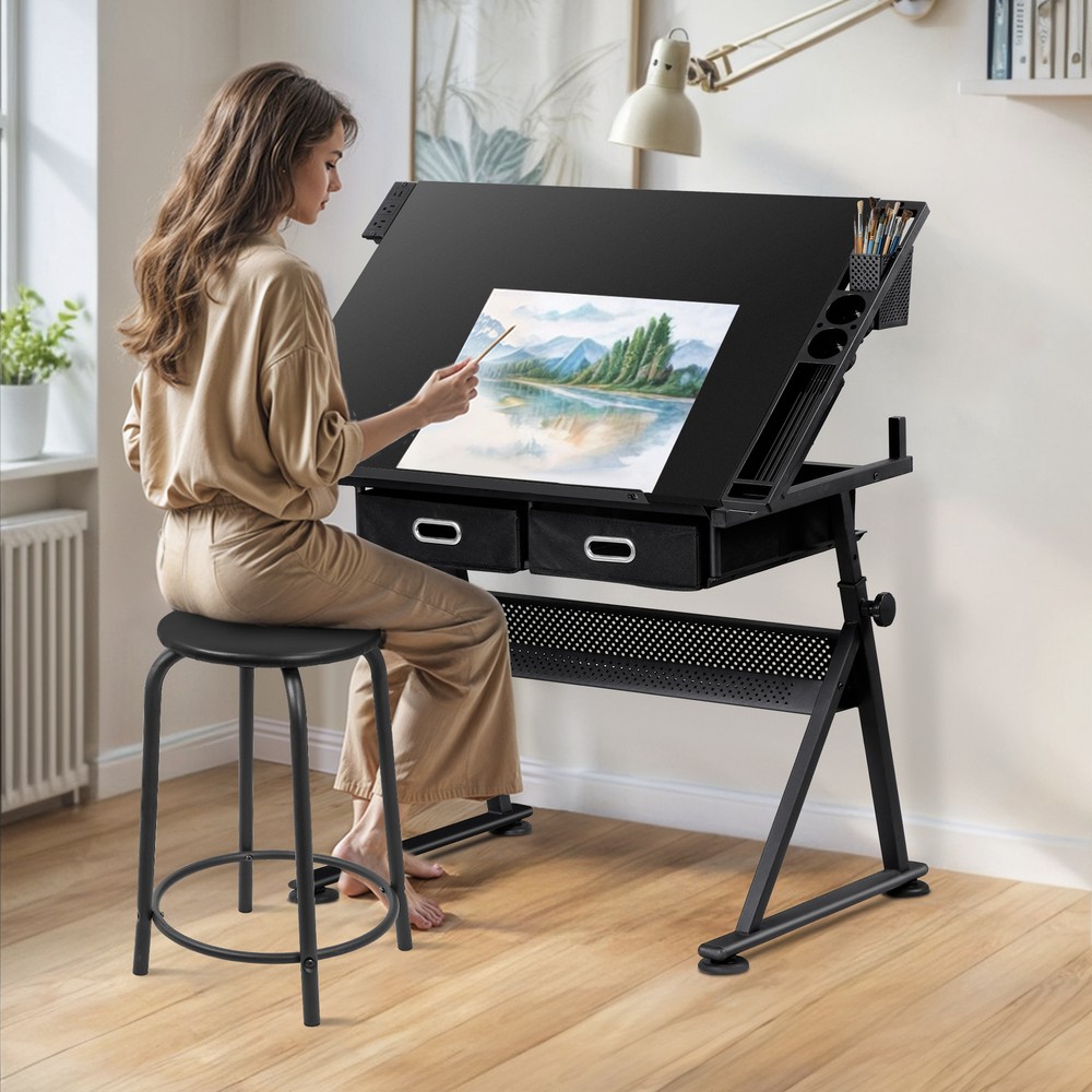 Adjustable Drafting Table with Outlet Artist Drawing Table with Stool Black