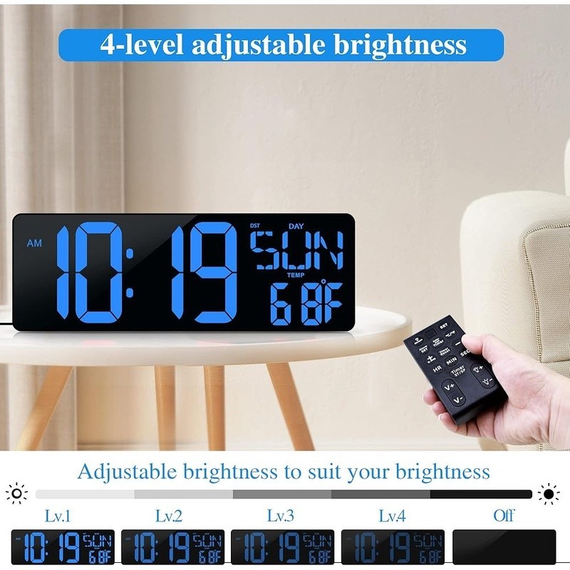 Extra Large LED Digital Wall Clock Auto Dimming Snooze Timer Remote Control