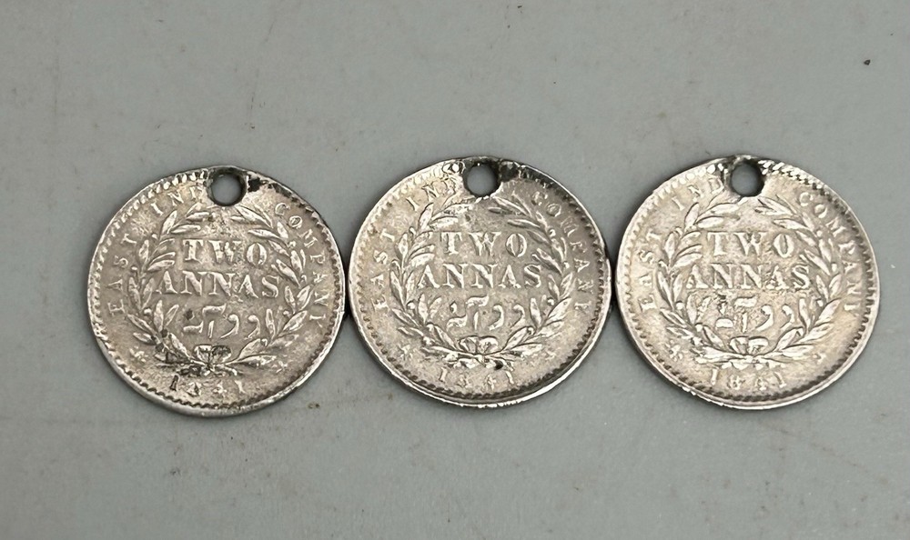 Three 1841 Silver 2 Annas Coins - Drilled