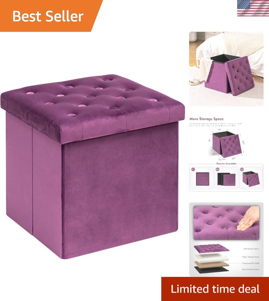 Elegant Purple Velvet Ottoman Cube - Multi-Functional Folding Storage Solution
