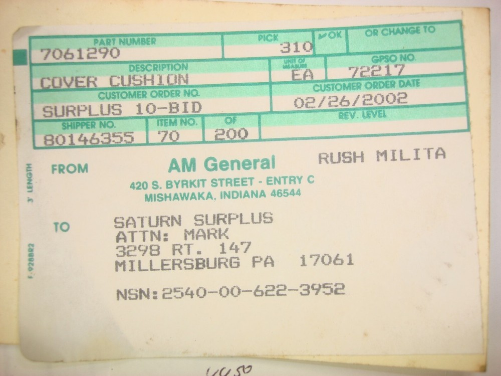 NOS! Military Vehicle O D Canvass Seat Cover P/N: 7061290 NSN: 2540-00-622-3952