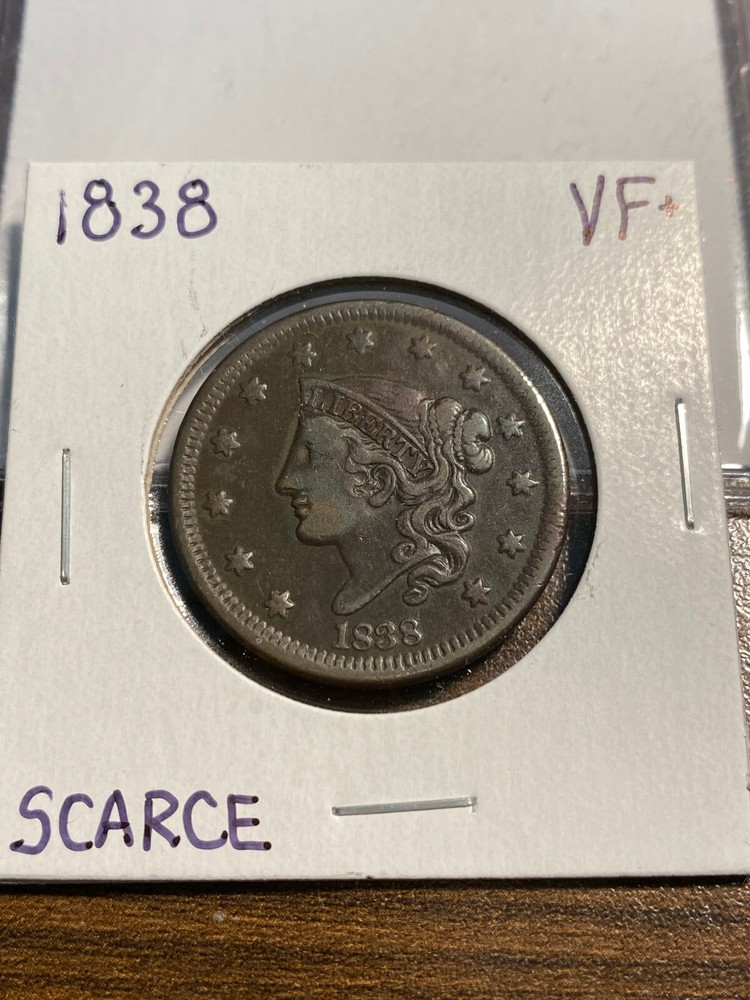 1838-P Coronet Head Large Cent 1C VERY FINE+ (VF+) Plus