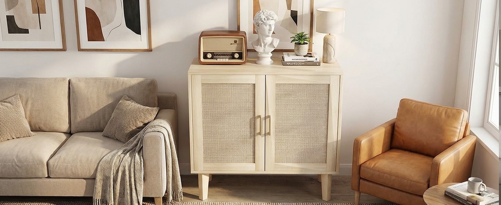 ↑Buffet Cabinet With Rattan Decor Doors Solid Wood Feet Multifunctional