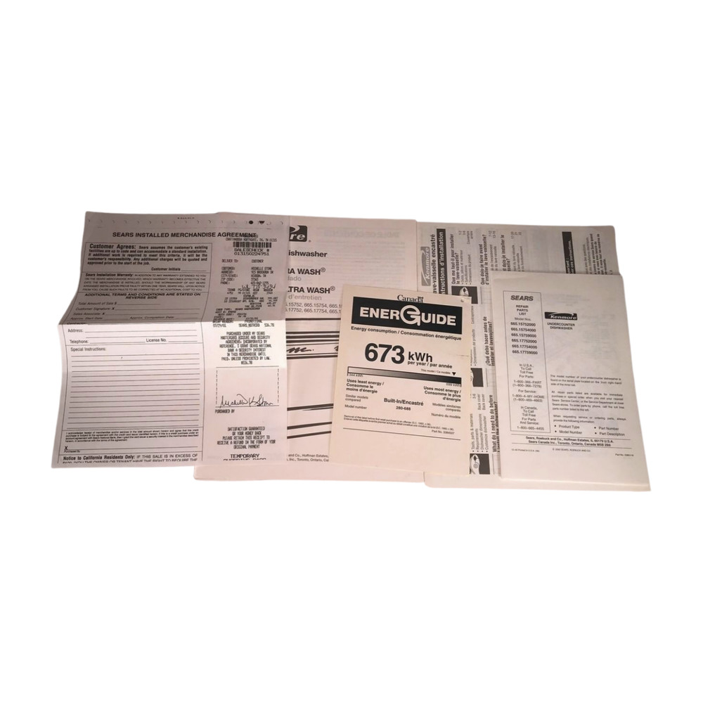 Sears Kenmore Dishwasher Documents (from around 2000–01)