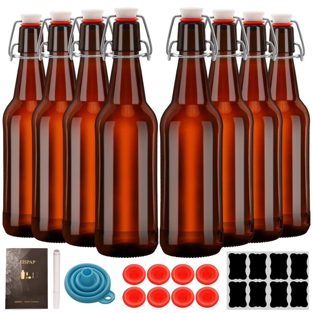 Amber Beer Bottles with Flip Caps, 16oz 8 Pack Glass Bottle with Swinging Top...