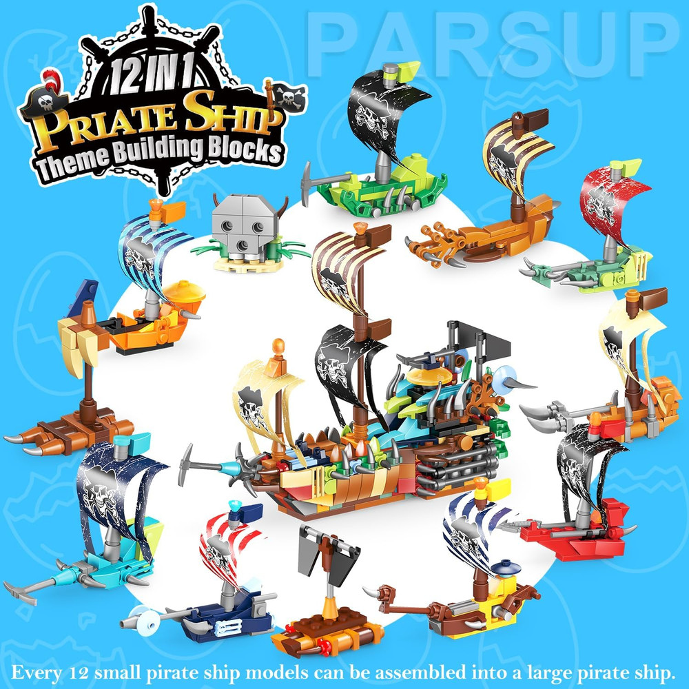12 Pack Easter Plastic Eggs with Pirate Ship Building Blocks for Easter Theme Pa