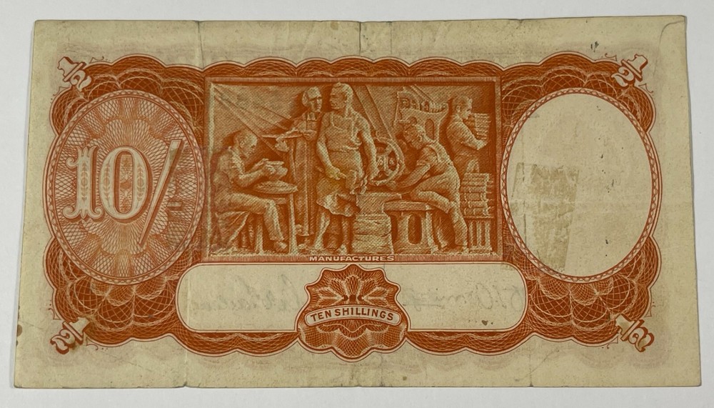 Australia 1946 Ten Shilling Note (#117) Nice. Top edge tear