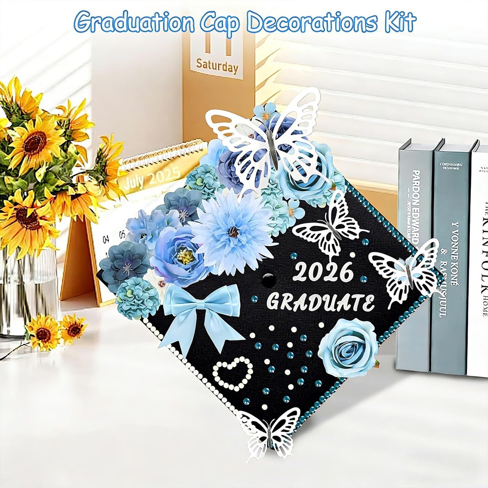 69 Pcs Graduation Cap Decorations Kits, Grad Topper Blue