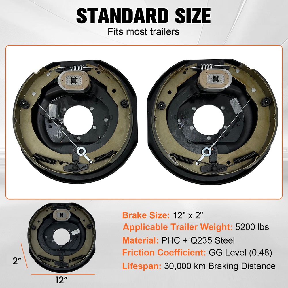 12"x2"Electric Trailer Self Adjusting Brake 6-5.5" Hub Drum Kit For 5200 lb