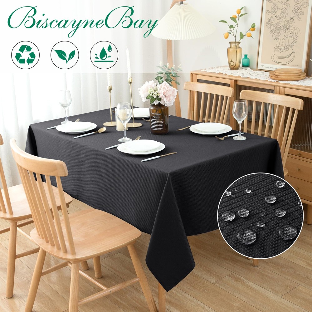 Textured Fabric Tablecloths 52 X 70 Rectangular Black Water Resistant Spill P...