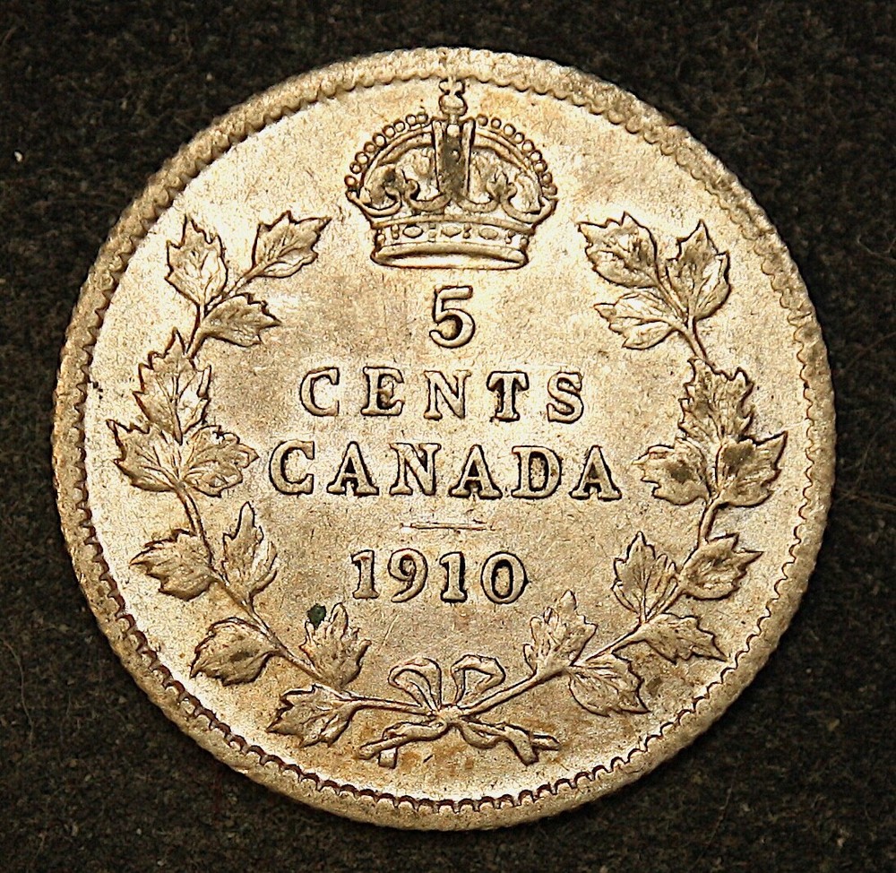 AU 1910 Canada Five 5 Cent Silver Pointed Leaves