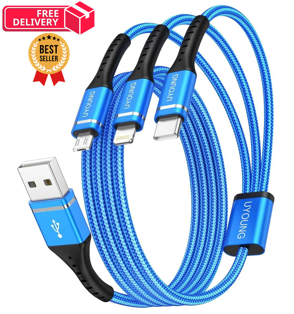 Multi Charging Cable 2Pack 6FT, 3 in 1 Charger Braided Blue