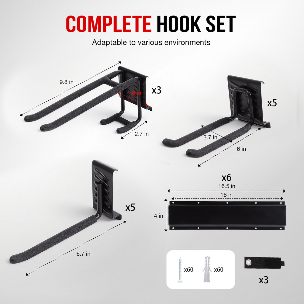 Garage Tool Organizer Wall Mount（6 Rails & 13 Multi-Type Hooks）