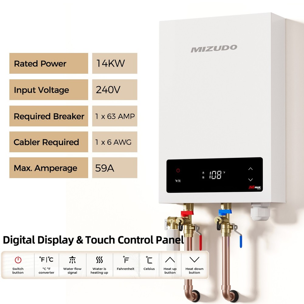 Tankless Water Heater Electric 14KW Instant Hot Water Whole House Up to 3.4 GPM