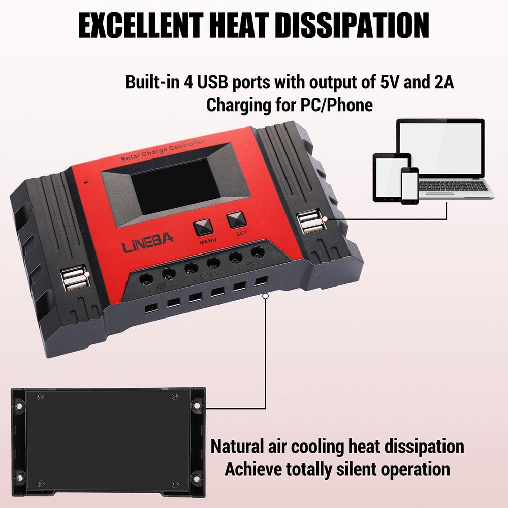 30-100A PWM Solar Panel Regulator Charge Controller 12V/24/48V Auto Focus 4 USB