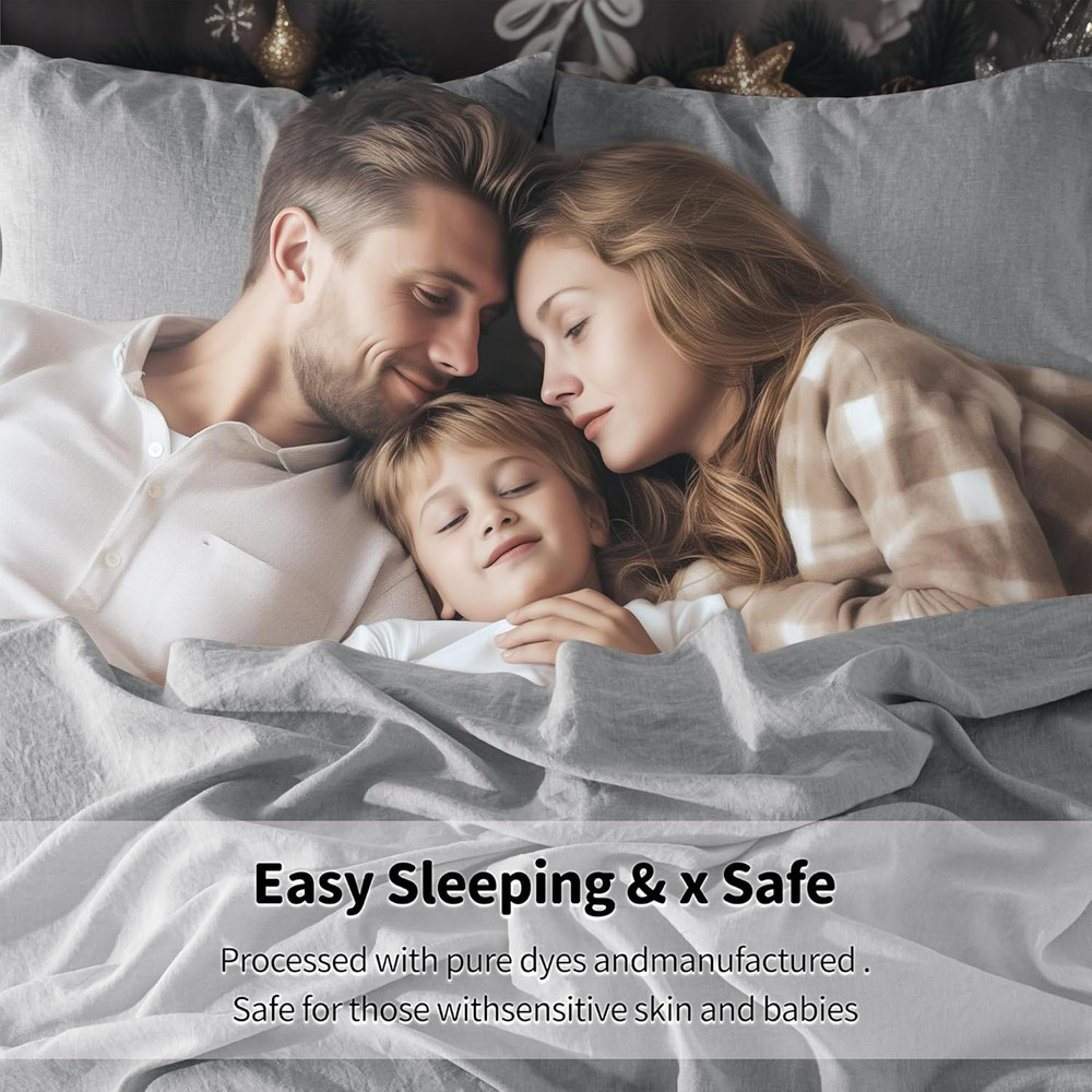 King Size 100% Linen Bed Sheet Set - Soft, Breathable, Deep Pocket - Grey