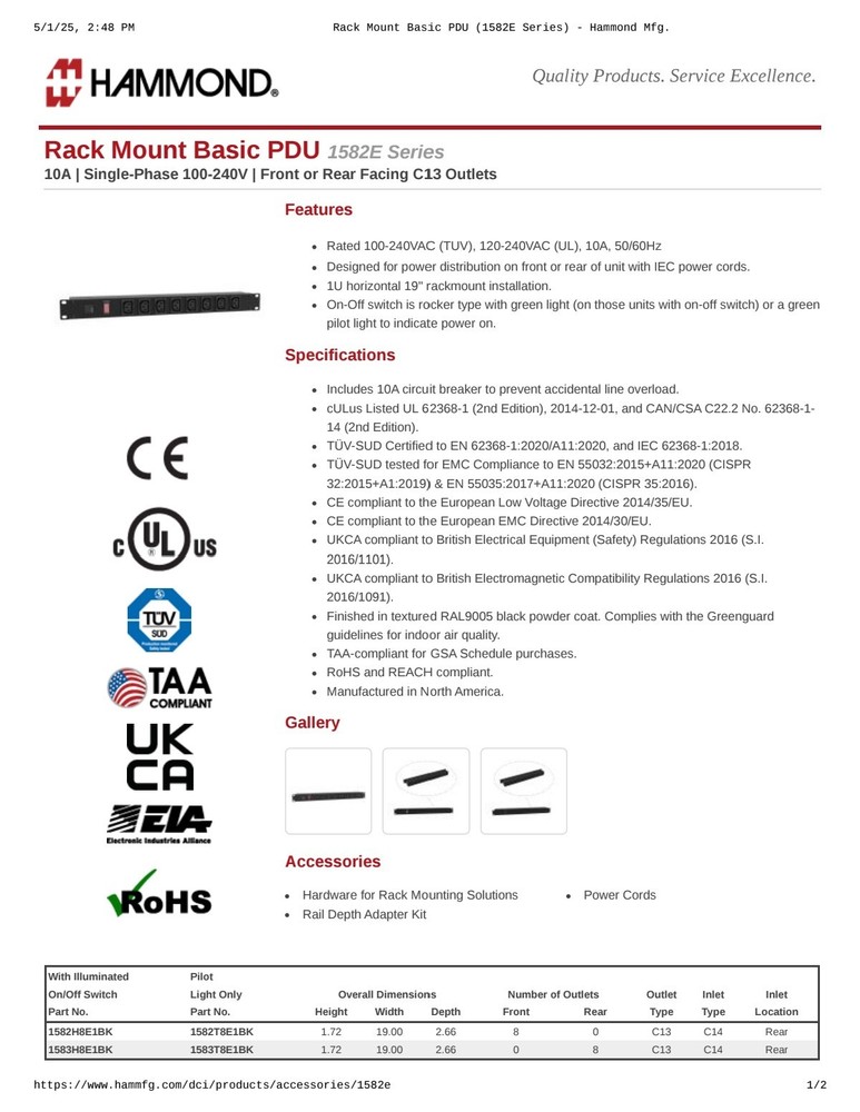 19 In Rack Mount Basic PDU, 10A, Single Phase 120-240V, Front & Rear Facing C13s