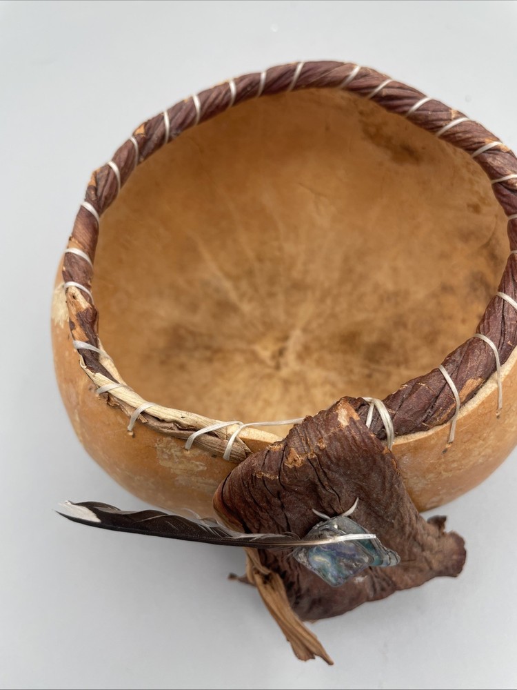 Handcrafted Native American gourd basket with feather & abalone shell. 5”