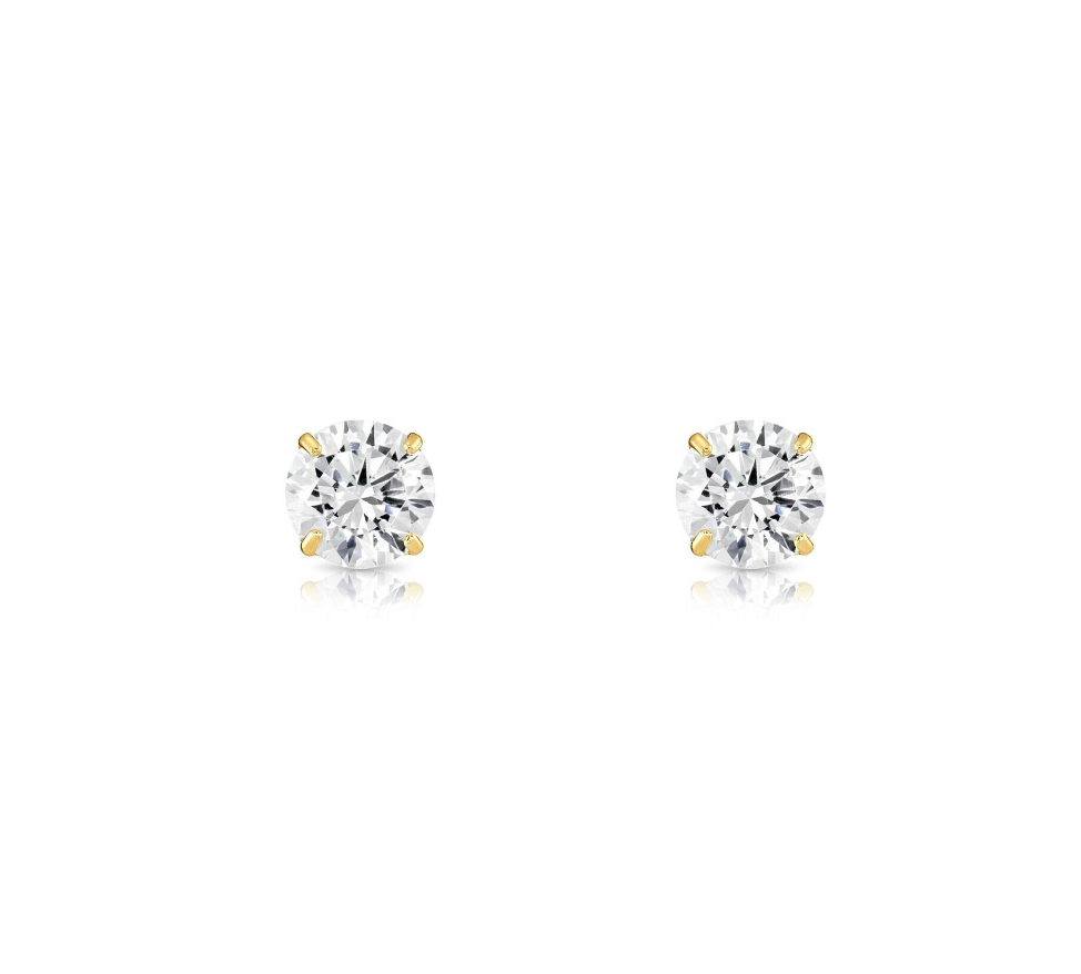 14K Solid Yellow/White Gold Round CZ Stud Earrings Basket Setting 2-10mm