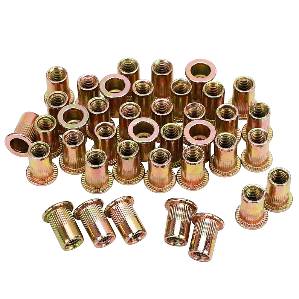 100Pcs M6 Rivet Nuts, M6 Flat Head Rivnut Threaded Insert Nuts with Knurled Body