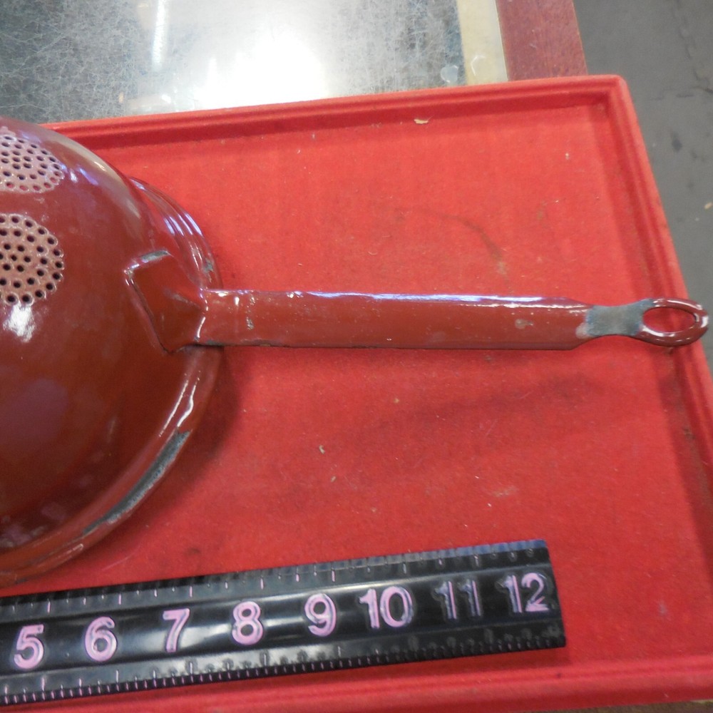 Vintage CRIMSON RED ENAMELWARE HANDLED STRAINER 7 inch diameter